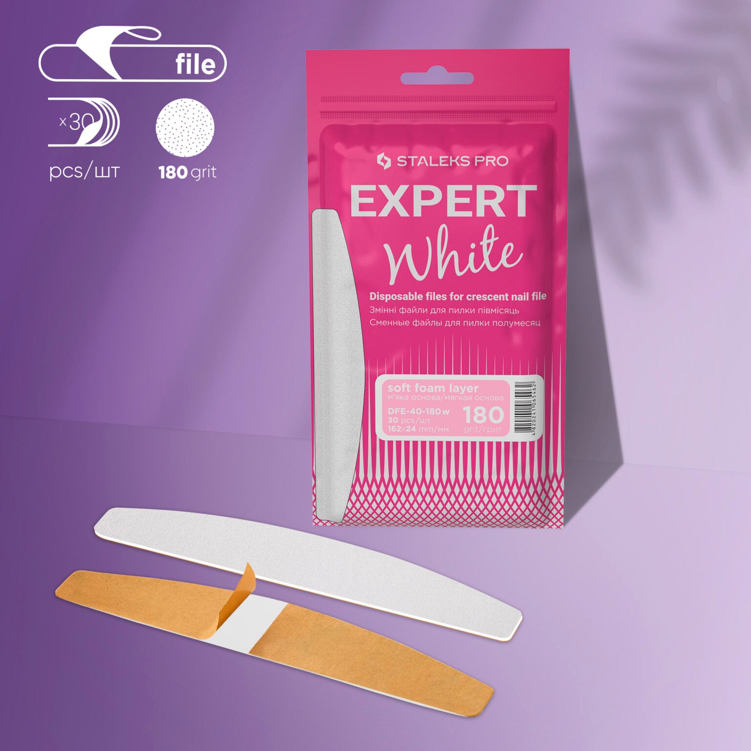 Staleks Disposable White Files for crescent nail file on a soft foam layer - EXPERT 40 (30pcs) - Kentro Beauty Supplies Ireland