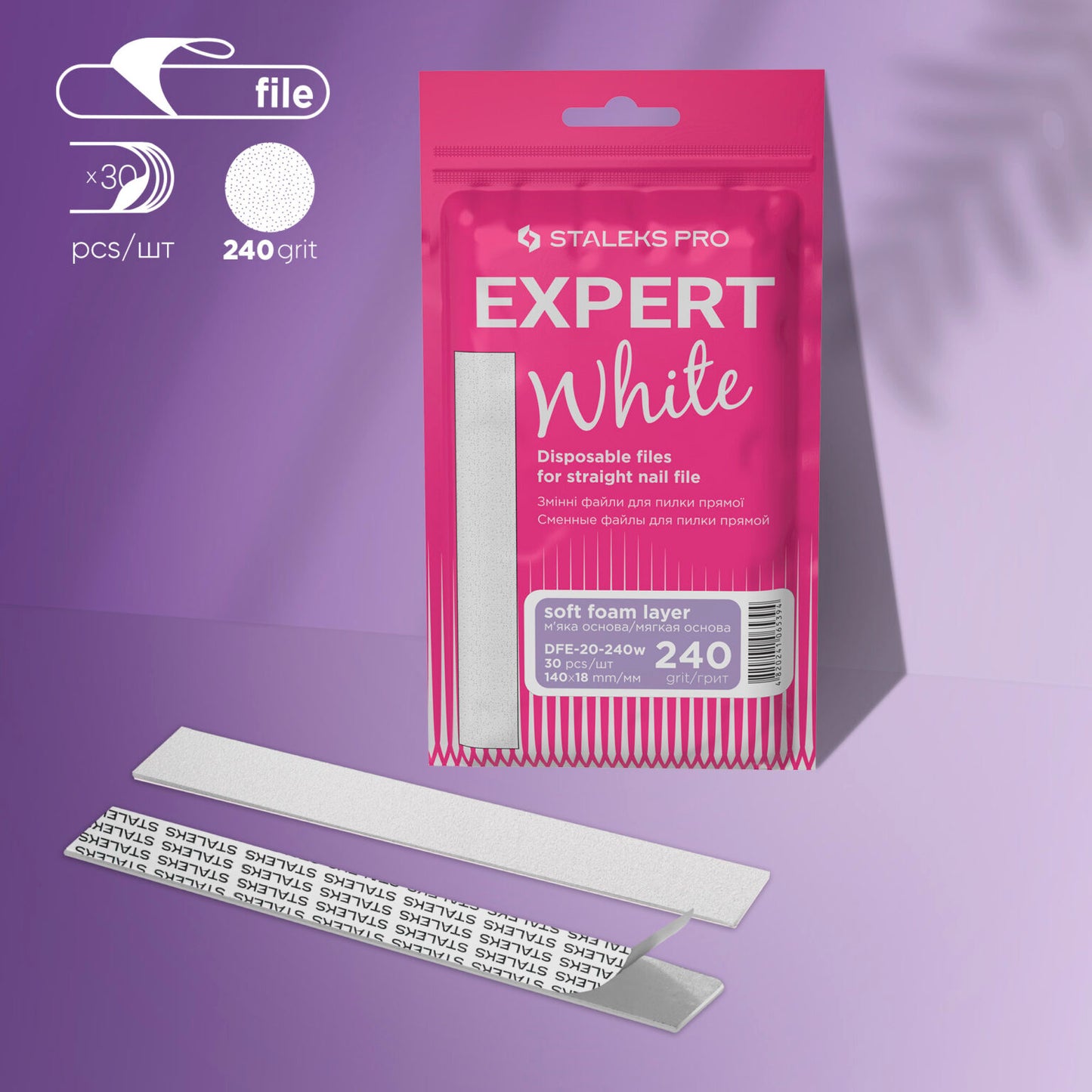Staleks Disposable White Files for straight nail file on a soft foam layer EXPERT 20 (30pcs) - Kentro Beauty Supplies Ireland