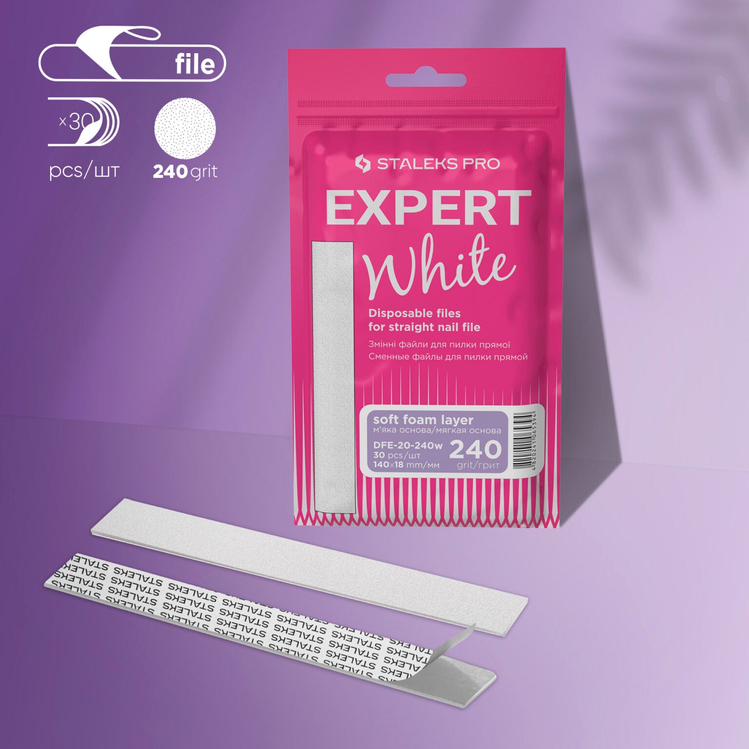 Staleks Disposable White Files for straight nail file on a soft foam layer EXPERT 20 (30pcs) - Kentro Beauty Supplies Ireland