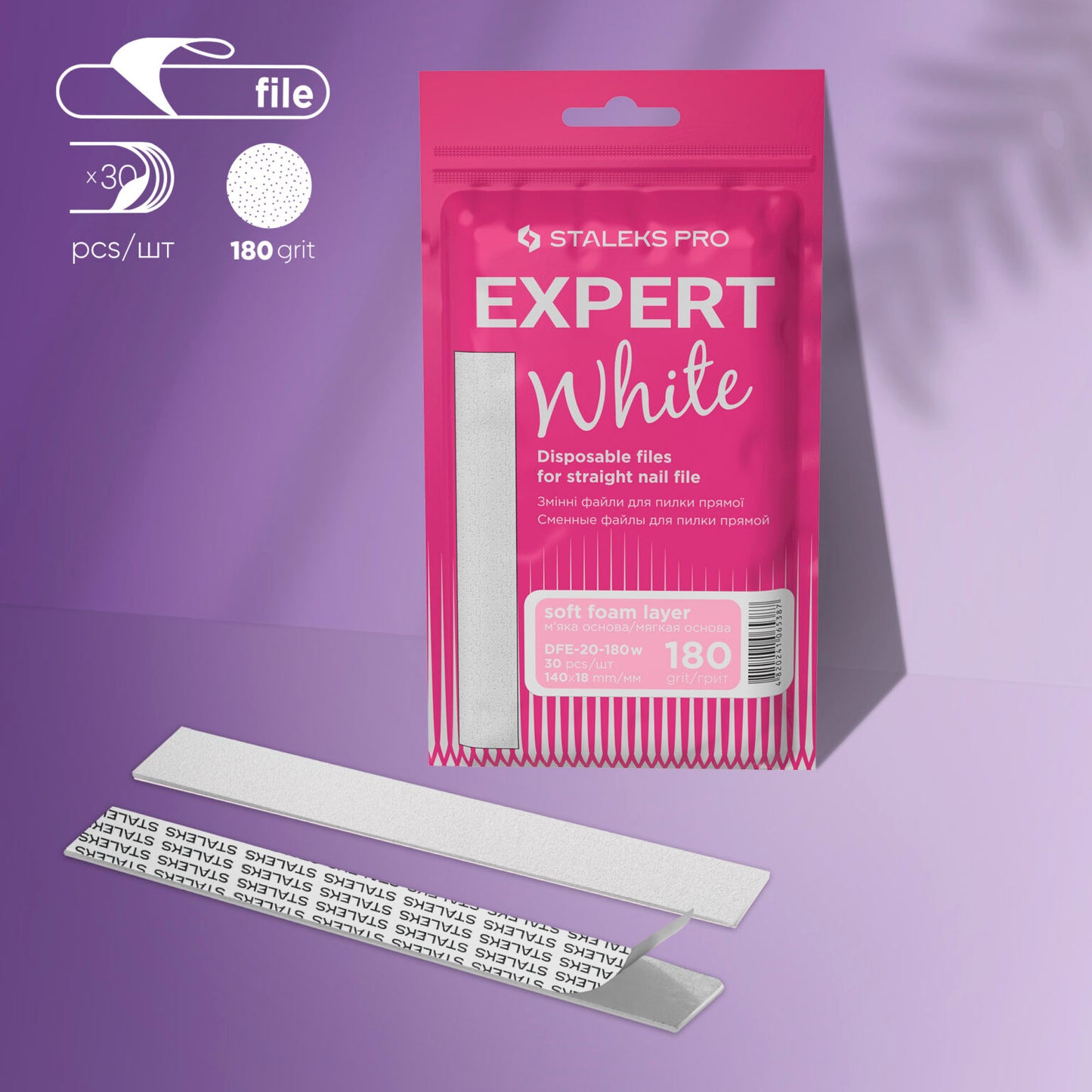 Staleks Disposable White Files for straight nail file on a soft foam layer EXPERT 20 (30pcs) - Kentro Beauty Supplies Ireland