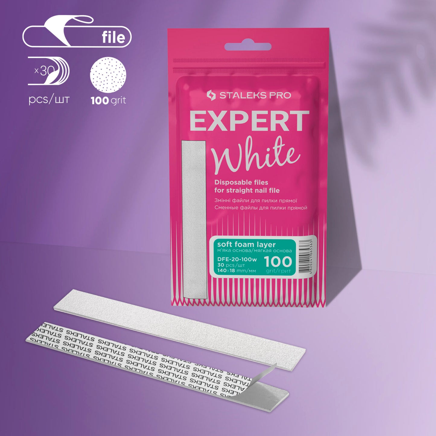 Staleks Disposable White Files for straight nail file on a soft foam layer EXPERT 20 (30pcs) - Kentro Beauty Supplies Ireland